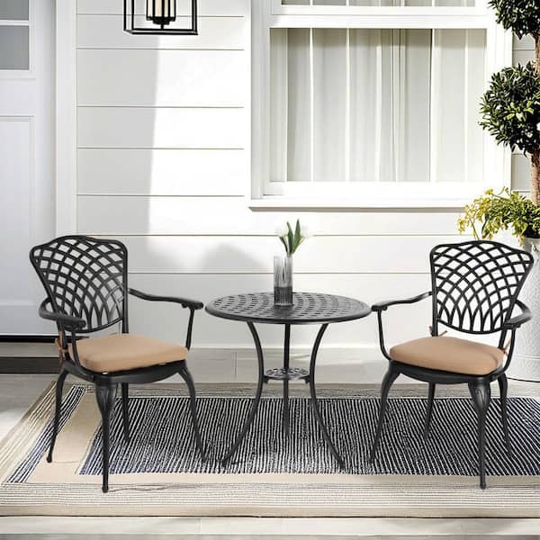 Miscool Avex Black 3-Pieces Rustproof Cast Aluminum Patio Armrest Furniture Set with Brown Cushions