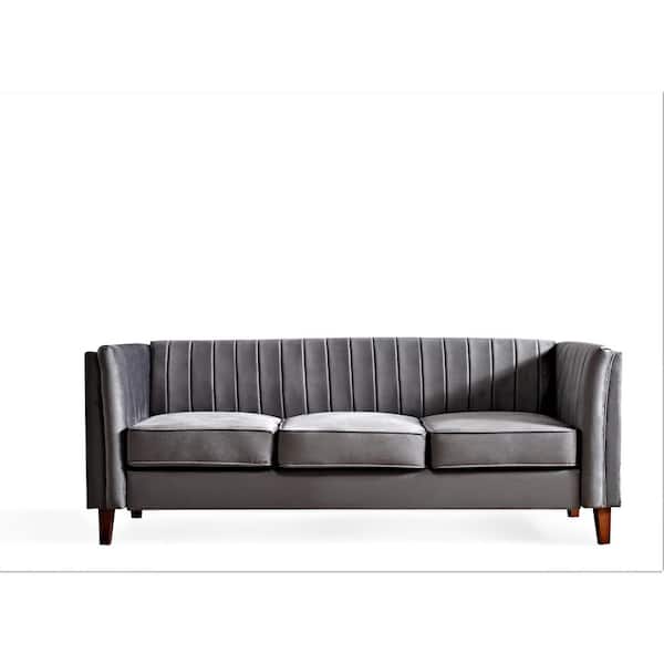 US Pride Furniture Alicia 83 in.  W Square Arm Velvet Mid-Century Modern Straight Sofa in Gray