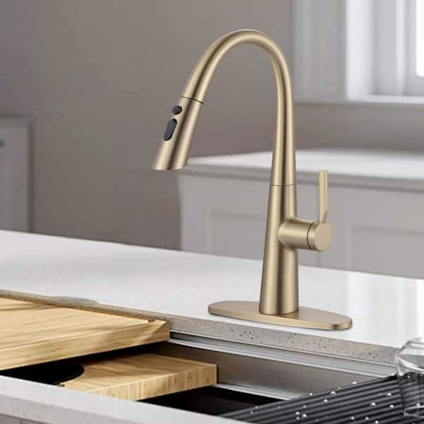 17.7 in. 3-Mode Single Handle Pull Down Sprayer Kitchen Faucet with 360° Swivel Spout in Stainless Steel Bruhsed Gold