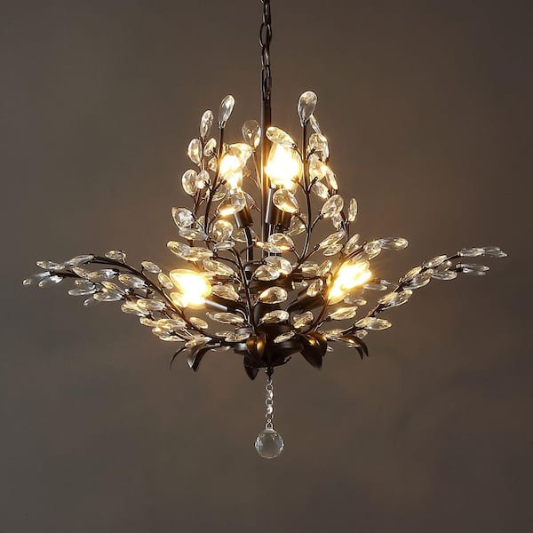 JONATHAN Y Diantha 28.5 in. 7-Light Oil Rubbed Bronze/Clear Contemporary Bohemian Iron/Acrylic LED Crystal Pendant