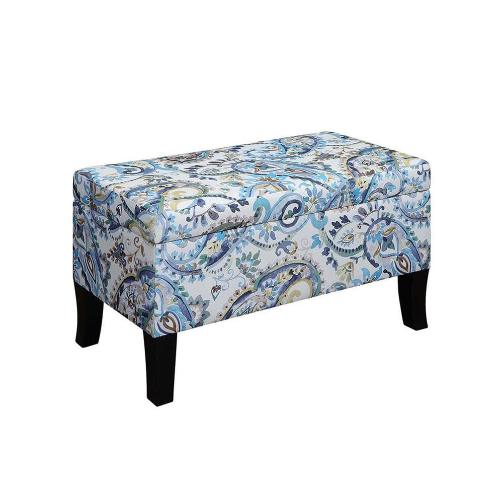 Paisley Fabric Storage Ottoman with Dark Rubberwood Legs