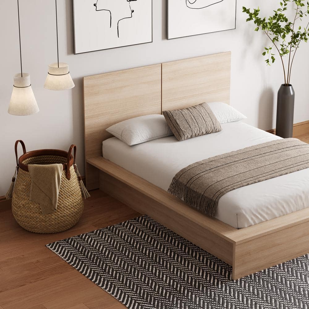 Nexera James Beige Oak Frame King Size Platform Bed with Headboard