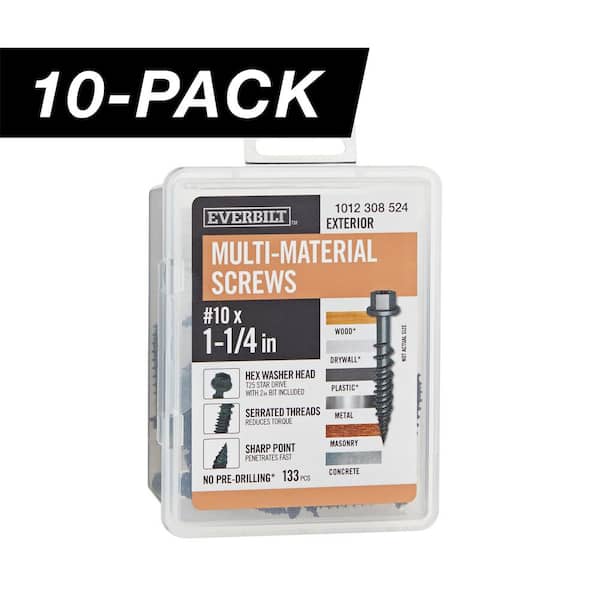 10-Pack #10 x 1-1/4 in. Black 6-Lobe Drive Exterior Washer Hex Head Multi-Material Screw (10 lbs. / 1,330-Piece )