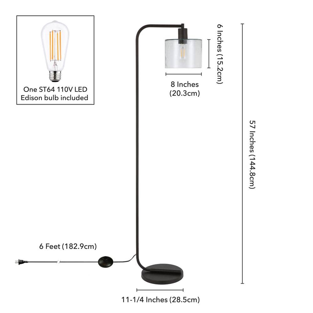 Bronzed Industrial Arc Floor Lamp with Seeded Glass Shade