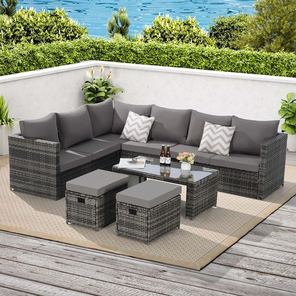 Unbranded 6 Pieces Wicker Patio Conversation Set, All Weather Outdoor Furniture Set with Dark Gray Cushions for Lawn Garden