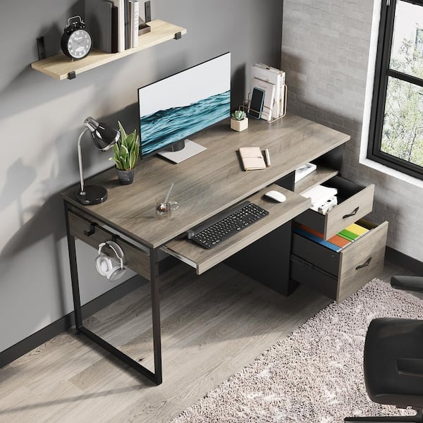 48 in. Rectangular Grey 2-Drawers Computer Writing Desk with Open Storage and Keyboard Tray