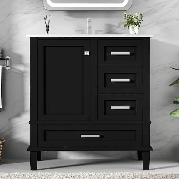 30 in. Single Sink Freestanding Black Bath Vanity with White Ceramic Top, Solid Wood Frame