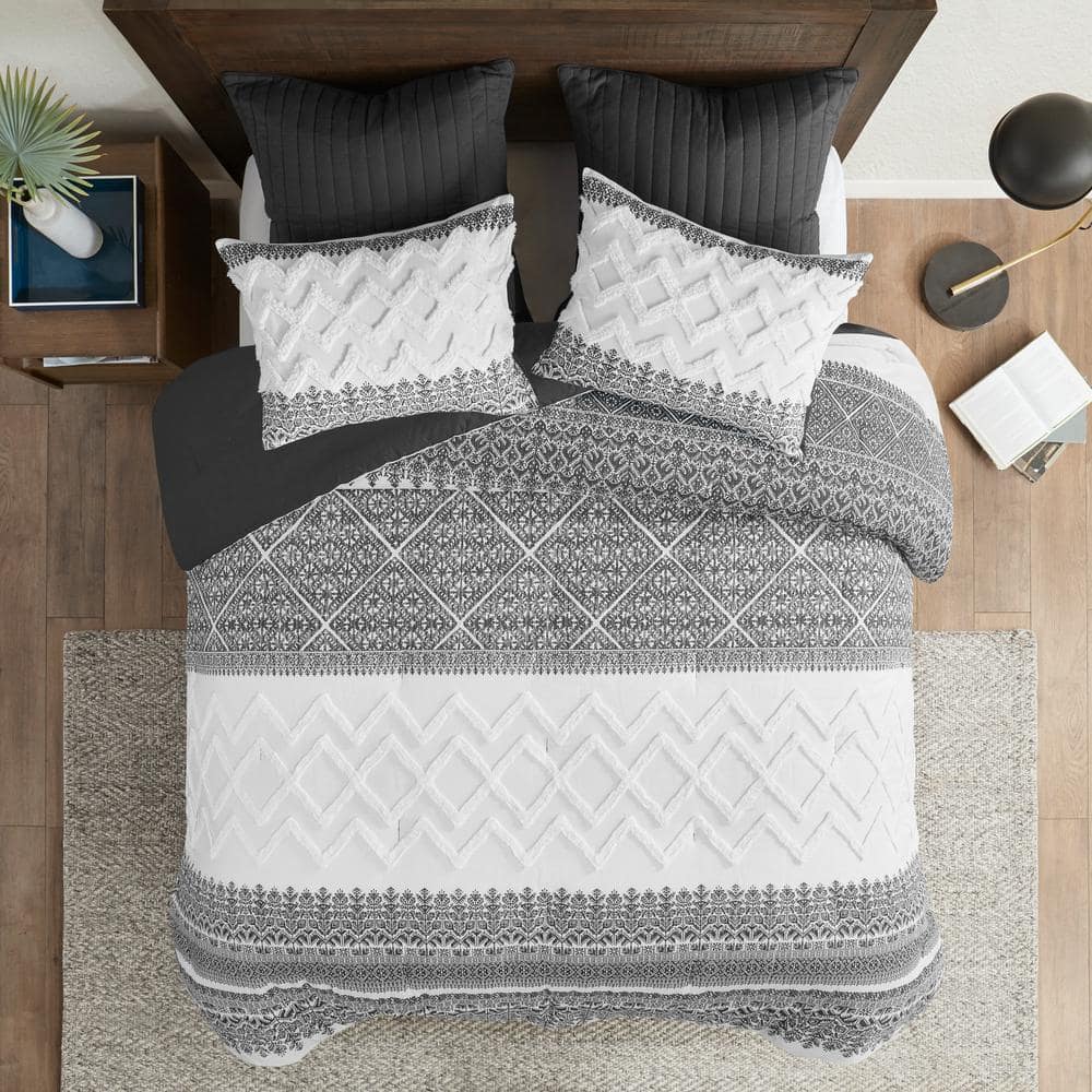King Gray Cotton Reversible Comforter Set with Tufted Chenille