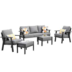 Walden Grey 5-Piece Wicker Metal Outdoor Patio Conversation Sofa Seating Set with Dark Grey Cushions