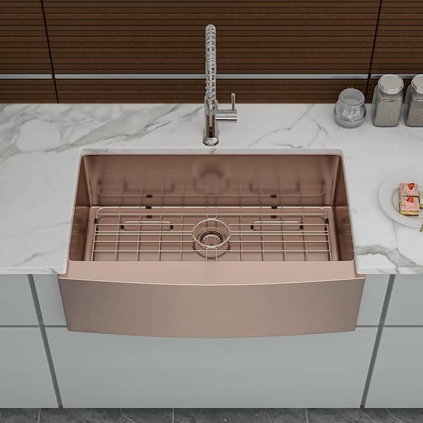 33 in. Farmhouse/Apron-front Single Bowl 16 Gauge Rose Gold Stainless Steel Kitchen Sink with Bottom Grids