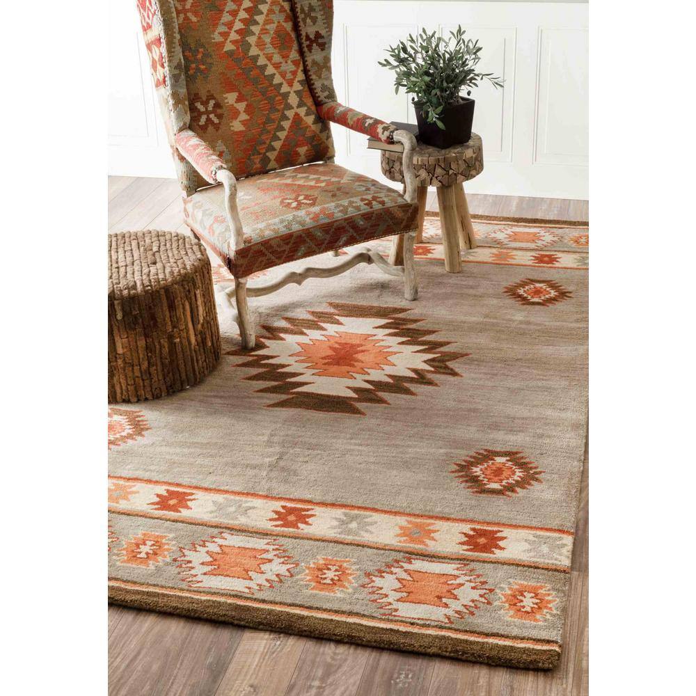 Handmade Tufted Wool Sage and Orange Aztec Rug