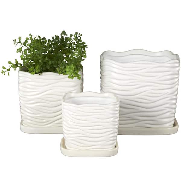 Litton Lane 7 in., 6 in., and 5 in. Small White Ceramic Wavy Ribbed Planter with Attached Saucer (3- Pack)