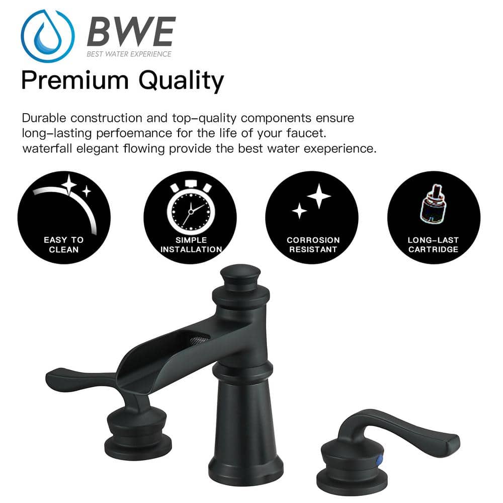 Matte Black Widespread Waterfall Bathroom Faucet with Lever Handles