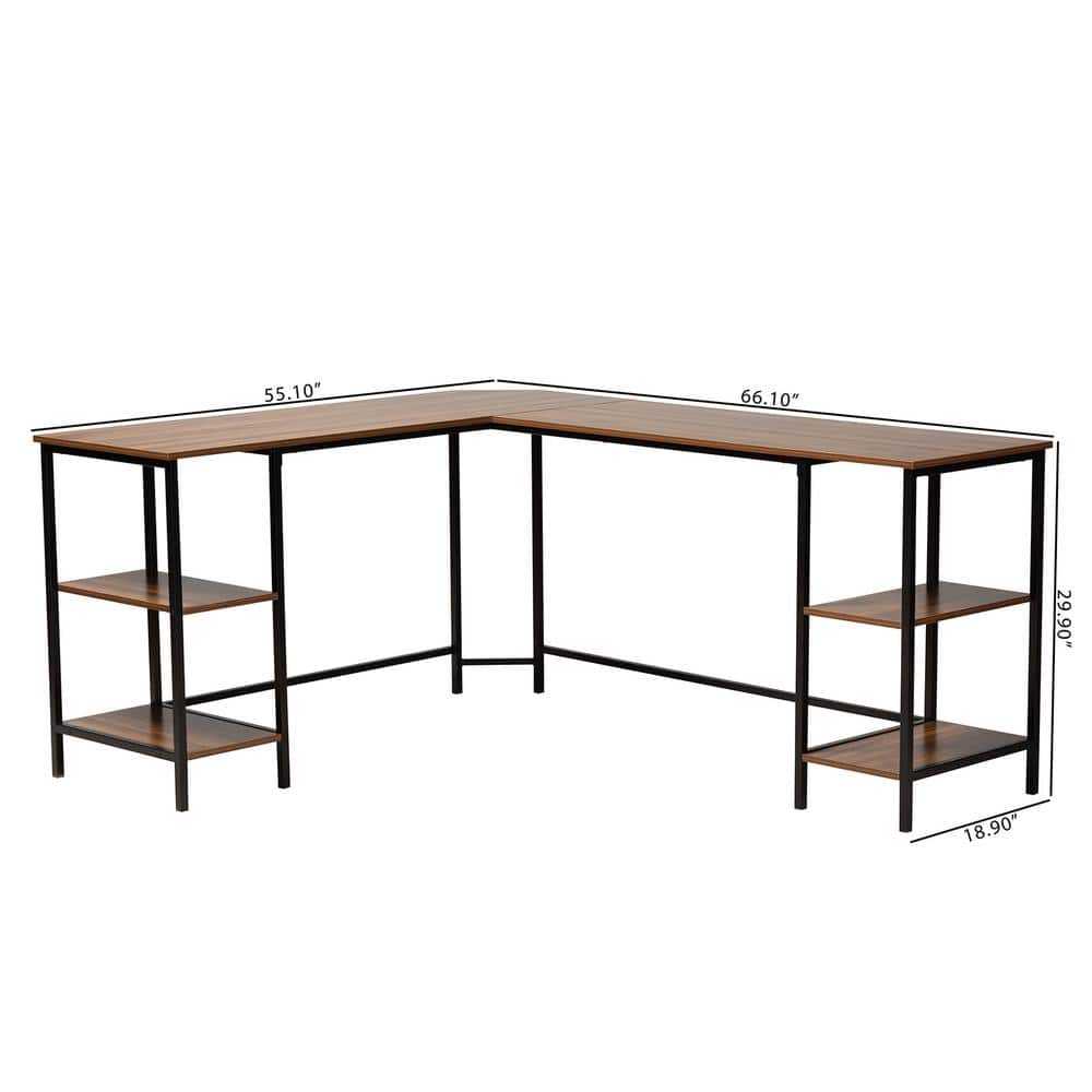 Lydia Modern Walnut Brown Wood L-Shaped Corner Desk with Metal Frame