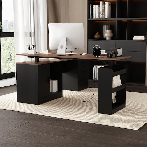 FUFU&GAGA 63 in. W L-Shape Black & Wood Grain Wooden 3-Drawer Adjustable Height Writing Desk, Computer Desk with 5-Shelf & 1 Door