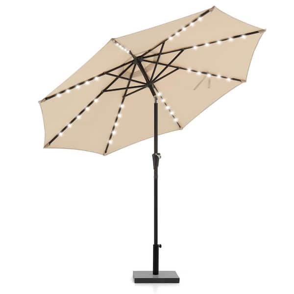 Unbranded 9 ft. Outdoor Market Solar Tilt Patio Umbrella with LED Lights in Beige, 8-Steel Ribs, Push Button Tilt and Crank