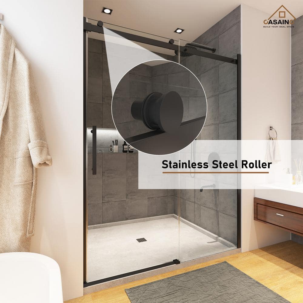 Matte Black Frameless Single Sliding Shower Door 48" x 76"
