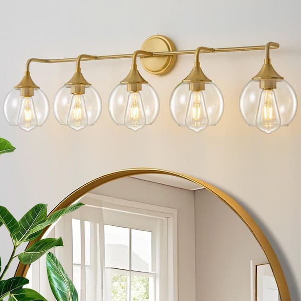 38.9 in. 5-Light Gold Vanity Light with Clear Glass Shade, Perfect for Modern or Vintage Style Bathrooms