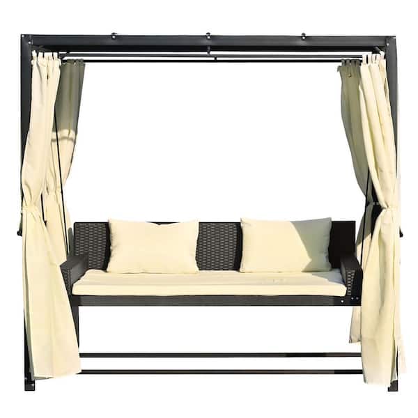 Tunearary 2-3 People Black Frame Steel Patio Swing Bed in Beige Cushions with Canopy and Adjustable Curtains