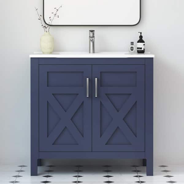 HOMEVY STUDIO Silvia 36.25 in. W x 18.5 in. D x 35 in. H Single Sink Freestanding Bath Vanity in Marine Blue with White Ceramic Top