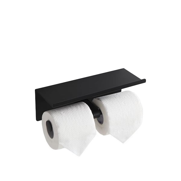 Wall Mount Double Toilet Paper Holder with Phone Shelf in Matte Black for Space Saving, Fits Standard Rolls