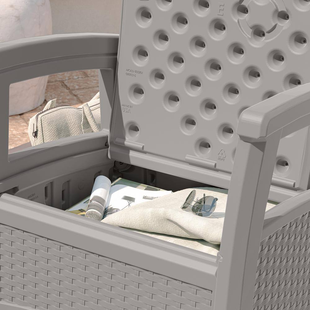 Dove Gray Wicker-Style Plastic Outdoor Armchair with Storage