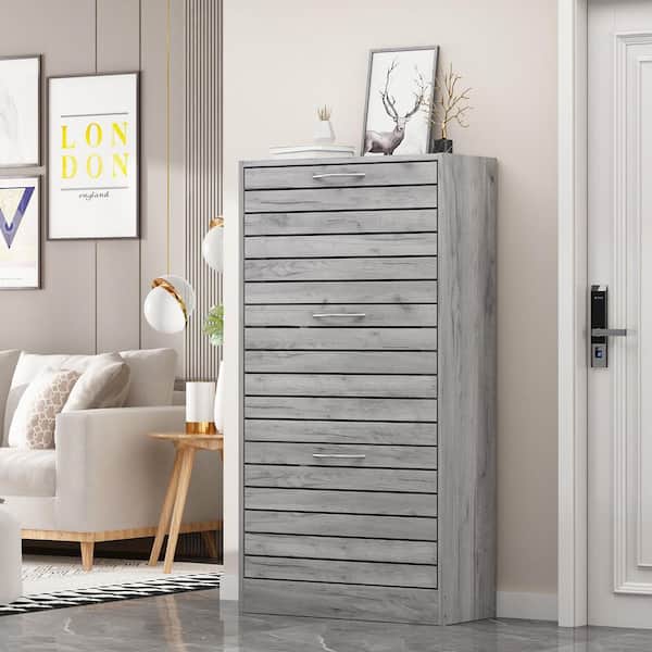 FUFU&GAGA Grey Wooden Shoes Storage Cabinet, with 3 Drawers for Entryway Hallway, 42.3 in. H x 22.4 in. W