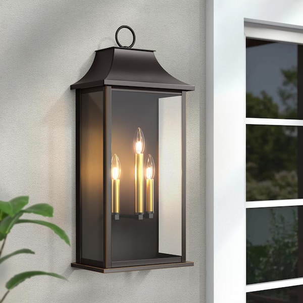 Decorators 25 in. 3-Light Oil-Rubbed Bronze Traditional Dusk to Dawn Outdoor Hardwired Wall Lantern Sconce