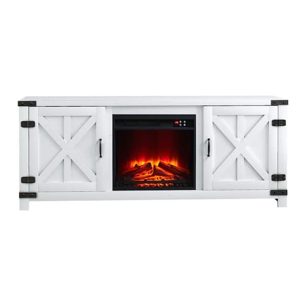 FESTIVO 58 in. Farmhouse Wooden TV Stand with Electric Fireplace in White for TVs up to 65 in.