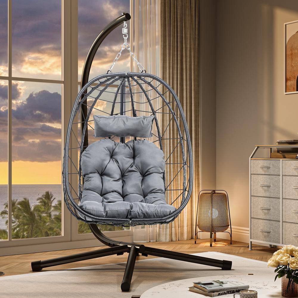 DEXTRUS Gray Hanging Egg Chair with Stand Swing Chair Wicker Hammock ...