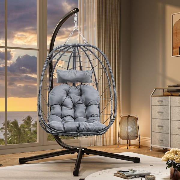 DEXTRUS Gray Hanging Egg Chair with Stand Swing Chair Wicker Hammock Egg Chair with Cushions