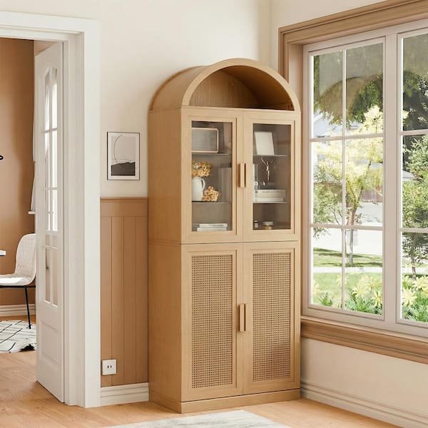 Lirago Arched 76 in. Tall Natural Storage Cabinet with Glass and