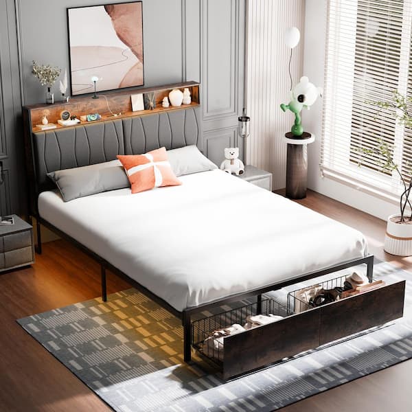 ComHoma Platform Bed Frame 60 in. W x 86.2 in. D x 43.5 in. H Metal Frame Queen Size with LED Lights and Charging Station, Brown