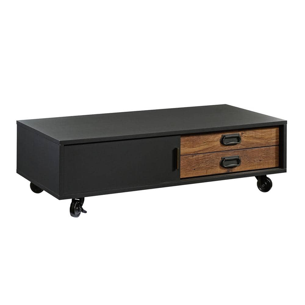 Rectangular Black and Vintage Oak Wood Coffee Table with Storage