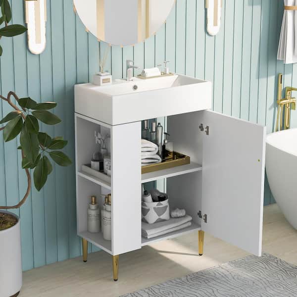 21.6 in. W x 12 in. D x 34 in. H Single Sink Bath Vanity in White with White Ceramic Top, Left Side Storage