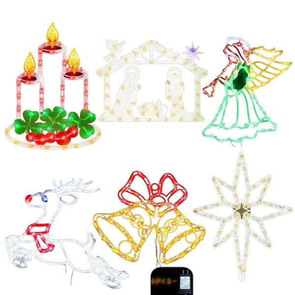 6-Piece Christmas Lighted Reindeer Bethlehem Star Nativity Candle Angel Bell Window Silhouette Lights for Holiday Decor