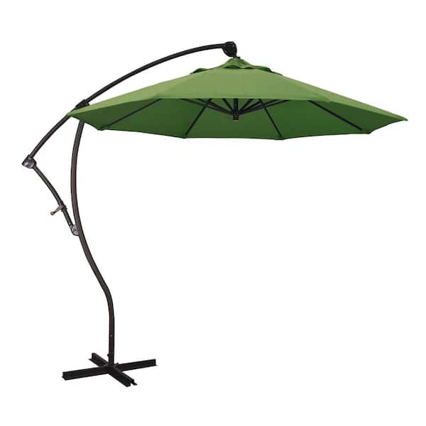 California Umbrella 9 ft. Bronze Aluminum Cantilever Patio Umbrella with Crank Open 360 Rotation in Spectrum Cilantro Sunbrella