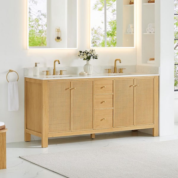 Cedar 72 in. Double Freestanding Natural Wood Bath Vanity with Grain White Engineered Stone Top Assembled