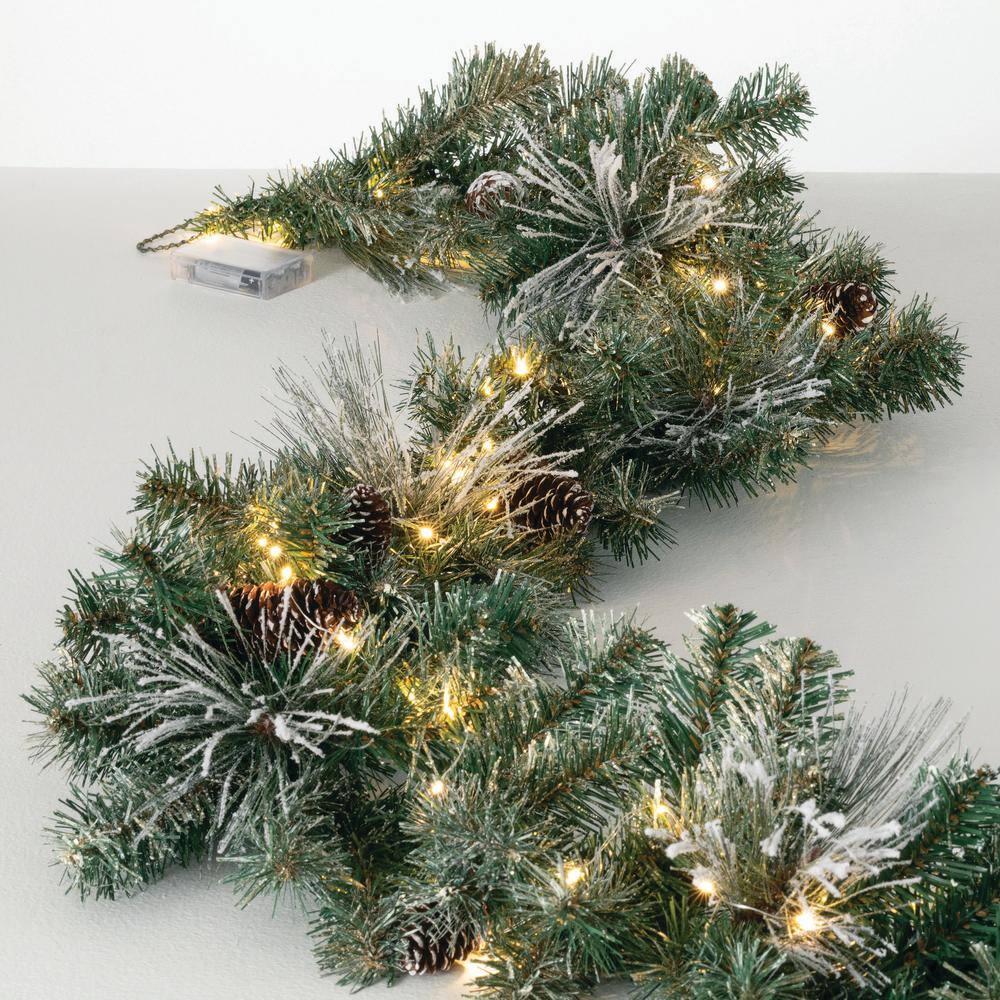 9-Foot Pre-lit Flocked Pine Christmas Garland with Pinecones and Gold Accents