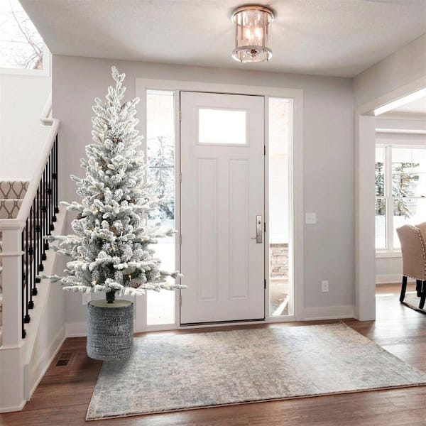 Entryway 4.5 ft. Flocked Christmas Tree with Pot Base and 150-Warm