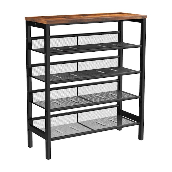 Amucolo 33.5 in. H 12-Pair Rectangle Brown MDF Wood Shoe Rack with 4 Mesh Shelves and Metal Frame