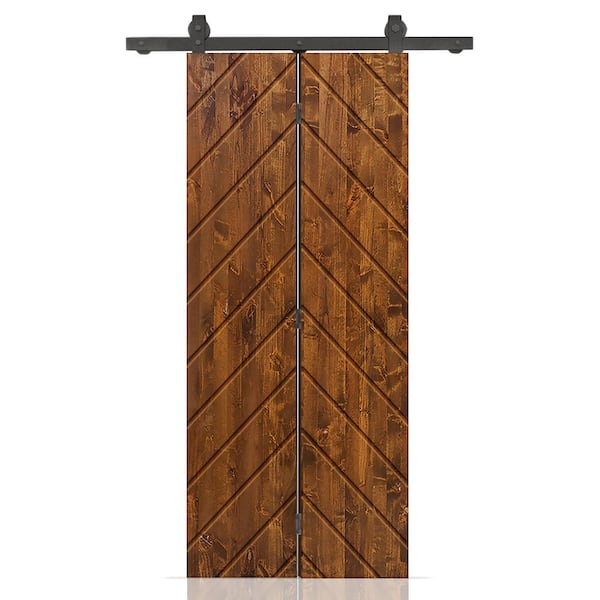 CALHOME Herringbone 26 in. x 84 in. Walnut Stained Hollow Core Pine Wood Bi-fold Door with Sliding Hardware Kit