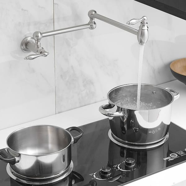 Antique Over Stove Copper, 23" Wall Mount Kitchen Folding Faucet 2 Handle with Double Joint Swing Arms, Brushed Nickel