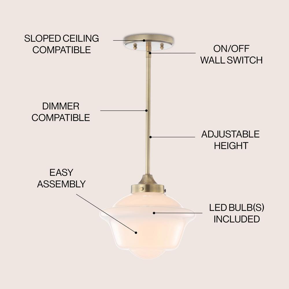 Kurtz 9.5" Brass Gold & White Glass LED Pendant with Adjustable Drop