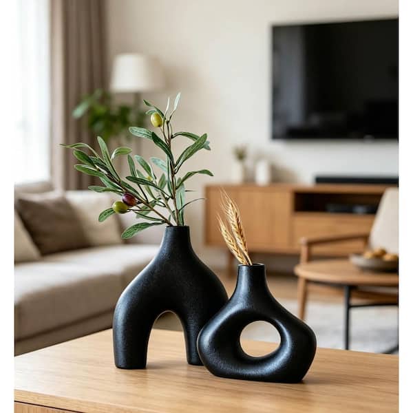 7.9 in. Black Ceramic Hurricane Donut Vase Decorative Home Decor PUD34D6G