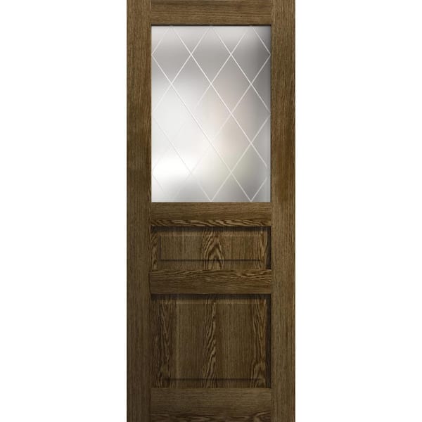 36 in. x 84 in. Frosted Glass Marble Oak Color Solid Wood Slab with Hardware