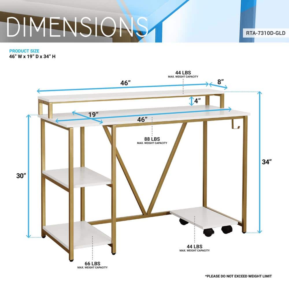 Modern Industrial Gold and Wood Writing Desk with Elevated Shelves