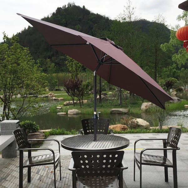9 ft. Aluminum Market Umbrella with Crank and Push Button Tilt Outdoor Patio Umbrella in Coffee
