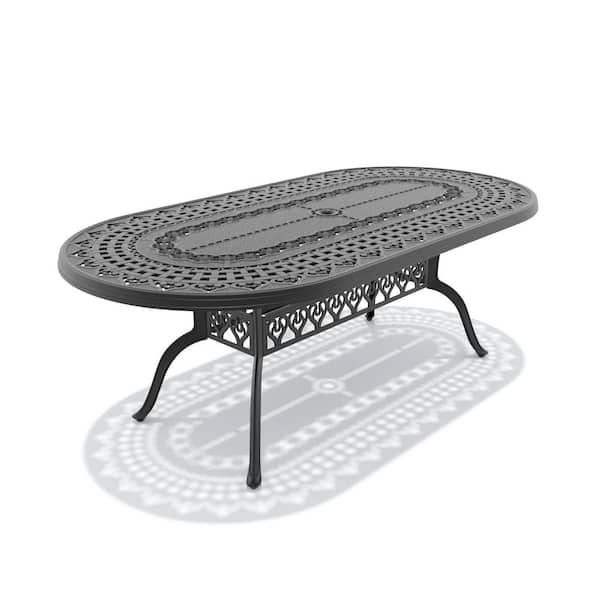 Black Oval Cast Aluminum 81.89 in. x 41.34 in. Outdoor Patio Dining Table with 1.88 in. Umbrella Hole