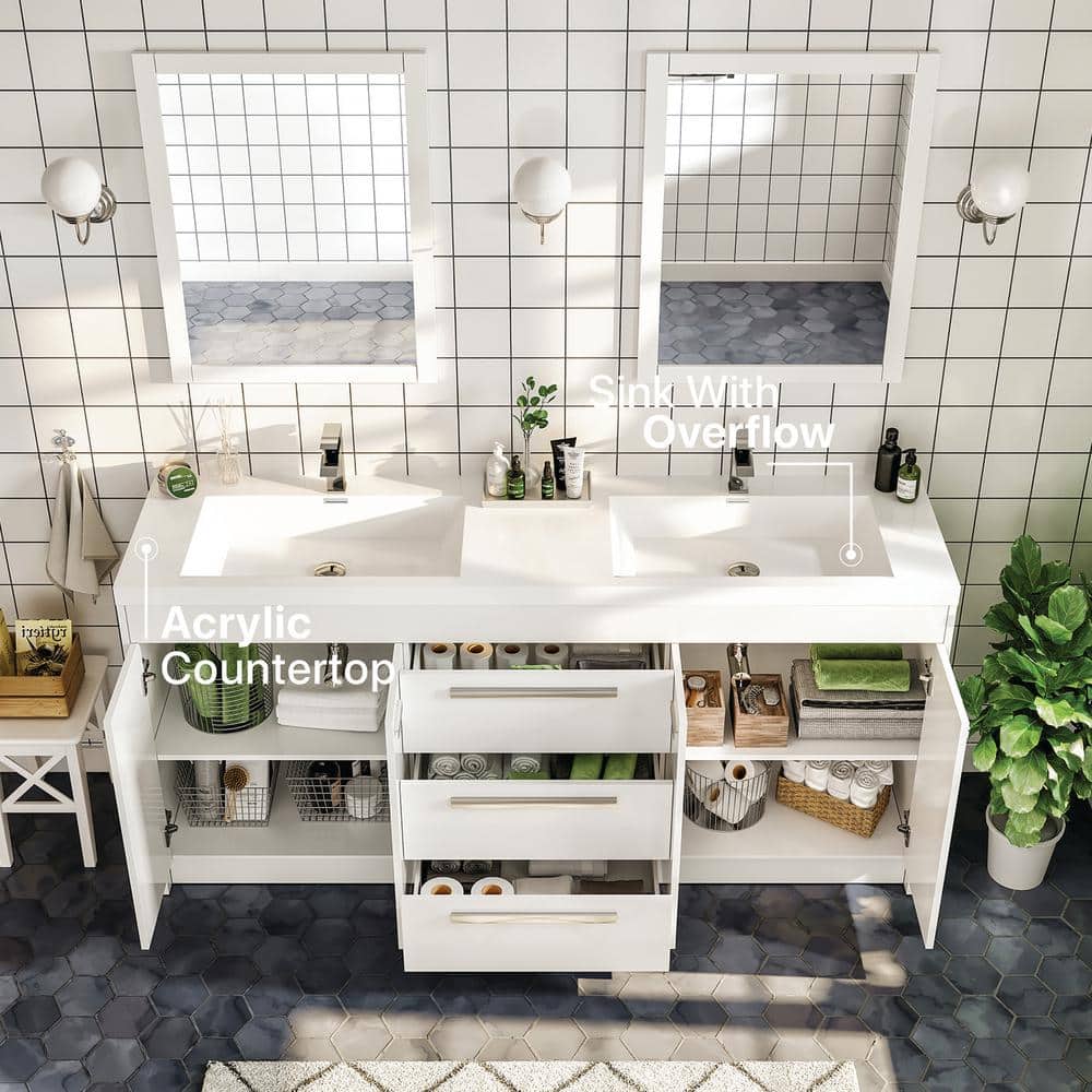Eviva Lugano 60" White Modern Freestanding Double Bathroom Vanity with Acrylic Sinks